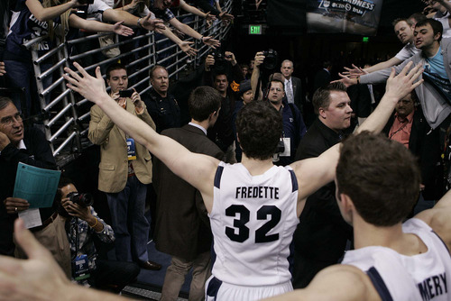 Trent Nelson  |  The Salt Lake Tribune
BYU's Jimmer Fredette walks off the court after BYU defeated Gonzaga in the NCAA Tournament in Denver on Saturday, March 19, 2011, earning a trip to the Sweet 16.