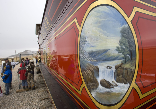 Al Hartmann  |  The Salt Lake Tribune
Intricate art work graces the side of  Union Pacific steam locomotive 199 f at Golden Spike National Historic Site visitor center in northwestern Utah on Wednesday, Dec. 28, 2011. Golden Spike holds its annual Winter Steam Festival on December 28-30 Folks can get up close to tour the locomotive cab, see steam demonstrations as well as take a ride on a muscle powered handcart.
