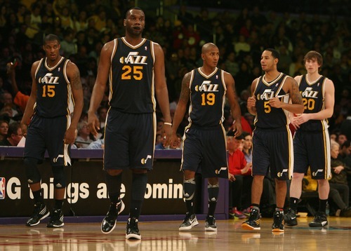 Steve Griffin  |  The Salt Lake Tribune

The Utah Jazz starters take the floor following a time out during first half action in the Jazz Lakers game at the Staples Center in  in Los Angeles, CA Tuesday, December 27, 2011.