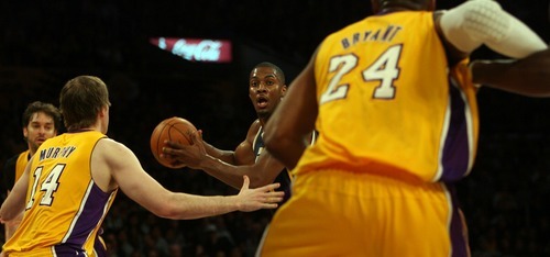 Steve Griffin  |  The Salt Lake Tribune

Utah's Derrick Favors looks for help during first half action in the Jazz Lakers game at the Staples Center in  in Los Angeles, CA Tuesday, December 27, 2011.