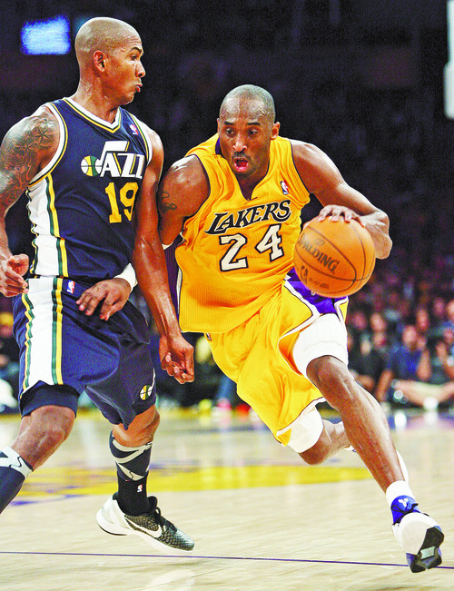 Steve Griffin  |  The Salt Lake Tribune

Utah's Raja Bell guards Kobe Bryant, of the Lakers, during second half action in the Jazz Lakers game at the Staples Center in  in Los Angeles, CA Tuesday, December 27, 2011.