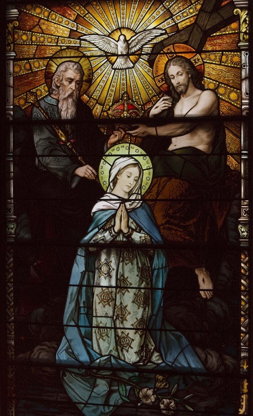 Leah Hogsten | The Salt Lake Tribune  
The coronation of Mary is depicted in stained glass at Salt Lake City's Cathedral of the Madeleine.