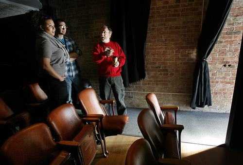 Scott Sommerdorf  |  The Salt Lake Tribune             
Co-owner Joel Layton (right), speaks with a couple who came in off the street to learn about the  theater, Sunday, Oct. 30, 2011.  Ogden Art House Cinema 502, a 28-seat microcinema on Ogden's Historic 25th Street.