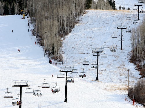 Steve Griffin  |  The Salt Lake Tribune
A lack of snow during December means scant coverage on some runs at Park City Mountain Resort on Thursday. December is on track to be the driest ever.