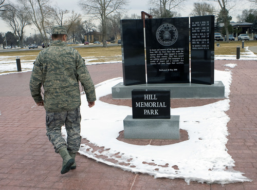 Al Hartmann  |  The Salt Lake Tribune
Master Sgt. Steve Hallenbeck stops at a memorial at Hill Air Force Base that honors three members of the 775th Explosive Ordnance Disposal unit -- Elizabeth Loncki, Timothy Weiner and Daniel Miller -- who were killed on Jan. 7, 2007, in Baghdad. They were members of his unit.