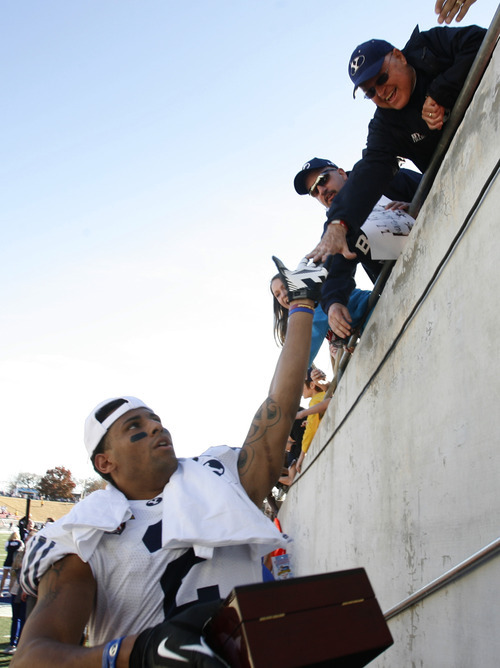 Rick Egan  | The Salt Lake Tribune 

Cougar wide receiver Cody Hoffman (2)high-fives fans after BYU's 24-21 win over Tulsa in the Armed Forces Bowl, in Dallas, Texas, Friday, December 30, 2011