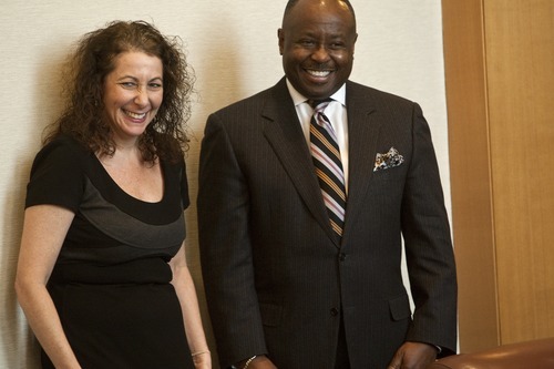 Chris Detrick  |  The Salt Lake Tribune
Karen Azenberg and Raymond Tymas-Jones, associate vice president of the arts at the University of Utah, laugh at the Pioneer Theatre Company on Wednesday morning. Azenberg, a New York-based director and choreographer, will become the fourth artistic director in PTC's 50-year history, and the first woman to hold the position. Azenberg will assume duties next July from Charles Morey, who will have held the post for 28 years when he retires in June 2012.