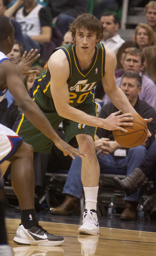 Jeremy Harmon  |  The Salt Lake Tribune

Utah's Gordon Hayward looks to pass the ball to a teammate as the Jazz face the 76ers at EnergySolutions Arena on Friday, December 30, 2011.