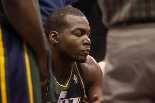 Jeremy Harmon  |  The Salt Lake Tribune

Utah's Paul Millsap sits on the bench as they trail in the second quarter as the Jazz face the 76ers at EnergySolutions Arena on Friday, December 30, 2011.