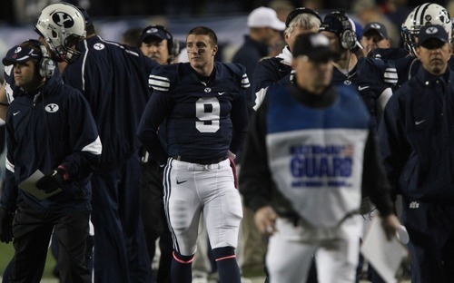 Rick Egan  | The Salt Lake Tribune 

Brigham Young Cougars quarterback Jake Heaps, demoted to back-up status after the Utah State game, announced he would transfer after the Cougars' regular season ended. He wound up at Kansas.
