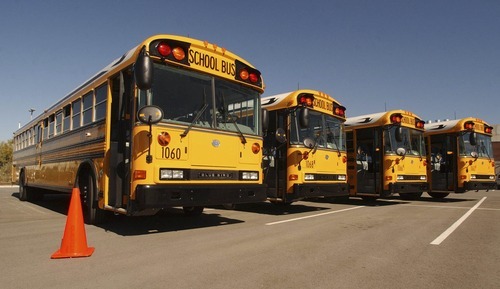 Tribune file photo/Rick Egan
The growth of natural gas vehicles in the United States so far has been dominated by fleets of taxis, garbage haulers and buses, such as these in the Jordan School district. Only one natural gas car is commercially produced in the country.