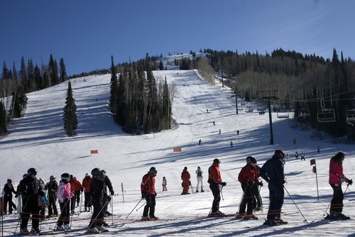Kim Raff I The Salt Lake Tribune
Skiers line up at the Quincy Express ski lift at the Silver Lake Lodge at the Deer Valley Resort in Park City, Utah on January 1, 2012.