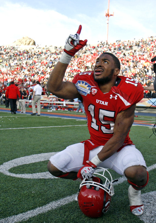 Utah's John White celebrates his game-winning touchdown in overtime against Georgia Tech in the Sun Bowl NCAA college football game on Saturday, Dec. 31, 2011, in El Paso, Texas. Utah won 30-27 in overtime. (AP Photo/The Salt Lake Tribune, Trent Nelson)  DESERET NEWS OUT; LOCAL TV OUT