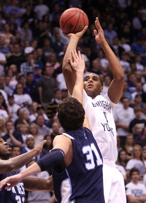 Leah Hogsten | The Salt Lake Tribune  
BYU forward Brandon Davies (0)  had six points in the first half. 
Brigham Young University Cougars lead San Diego 34-24 Saturday, December 31, 2011 at the Marriott Center.