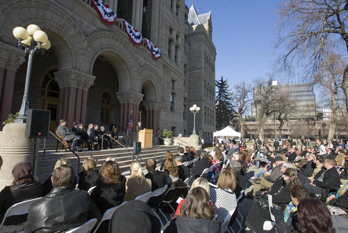 Paul Fraughton | The Salt Lake Tribune.
Salt Lake City Mayor Ralph Becker speaks at his swearing-in ceremony  Tuesday, Jan. 3, 2012, on the steps of Salt Lake City Hall.