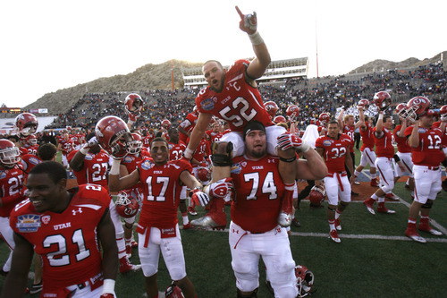 Trent Nelson  |  The Salt Lake Tribune
Utah players celebrate their win over Georgia Tech, college football at the Sun Bowl in El Paso, Texas, Saturday, December 31, 2011.