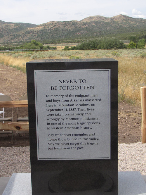 Mark Havnes |  The Salt lake Tribune
Monument to victims of the Mountain  Meadows Massacre was dedicated Saturday as part of celebration dedicating the site as national historic landmark.