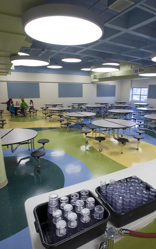 Al Hartmann  |  The Salt Lake Tribune
The  lunchroom on the first floor in Salt Lake City's Open Classroom, the former Lowell Elementary School in Salt Lake City is complete in its upgrade to make it earthquake safe.   The lunch room used to be an underground parking structure.   Salt Lake City School District has nearly completed a decade-long effort to upgrade all of its school buildings to withstand a major earthquake.  It's one of the last to receive the upgrade.  The second floor of the school remains to be done.