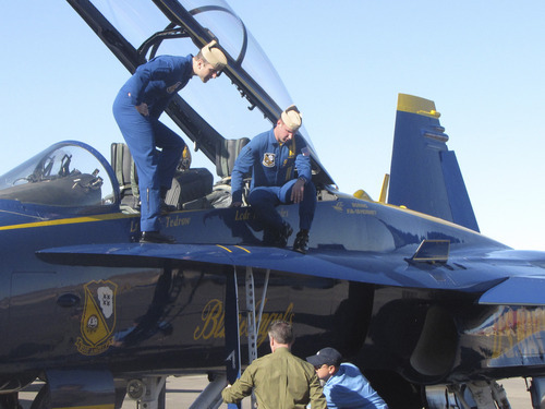 Mark Havnes  |  The Salt Lake Tribune 
Members of the U.S. Navy's Blue Angels precision flying team  Lt Mark Tedrow, left and Lt. Cmdr. Todd Roylesarrived in St. George on Tuesday in their F-18 Hornet to make final preprations for a performance by the team at the city's airport March 17 and 18.