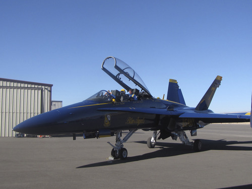 Mark Havnes  |  The Salt Lake Tribune
An F-18 Hornet that is part of the U.S. Navy's Blue Angels precision flying team was in St. George on Tuesday so crew could make final arrangements to bring the air show to the city on March 17 and 18.