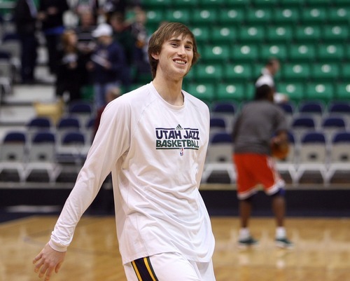 Steve Griffin  |  The Salt Lake Tribune

Jazz guard Gordon Hayward laughs during warm-up before game against the Bucks at EnergySolutions Arena in Salt Lake City, Utah  Tuesday, January 3, 2012.