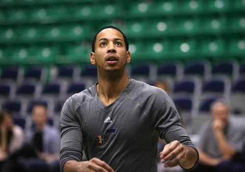 Steve Griffin  |  The Salt Lake Tribune

Utah Jazz guard Devin Harris shoots three pointers during warm-up before game against the Bucks at EnergySolutions Arena in Salt Lake City, Utah  Tuesday, January 3, 2012.