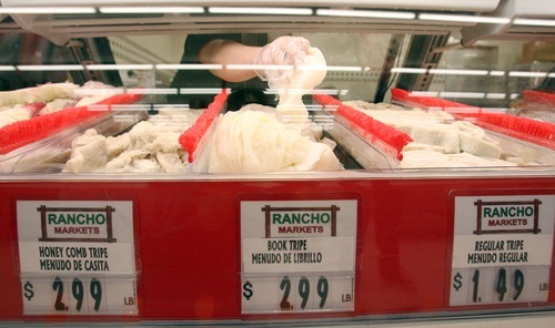 Steve Griffin  |  The Salt Lake Tribune
The meat counter at the new Rancho Markets store at 900 E. 3300 South sells the most popular cuts of meat along with other cuts like tripe, the main ingredient for Menudo, a popular Mexican-style soup.
