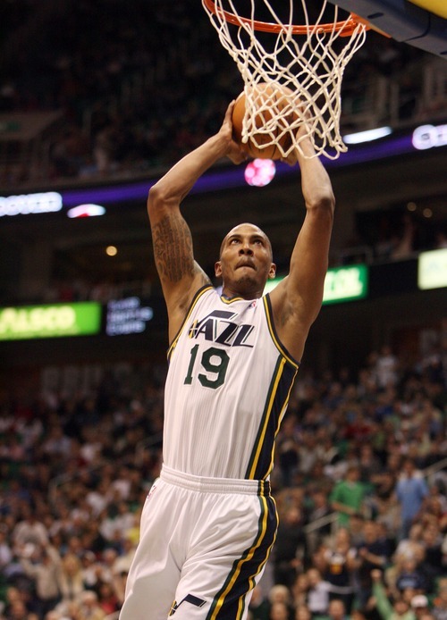Steve Griffin  |  The Salt Lake Tribune
 
Utah Jazz guard Raja Bell winds up for a slam during second half action of the Jazz versus Timberwolves game at the EnergySolutions Arena  in Salt Lake City, Utah Wednesday, March 16, 2011.