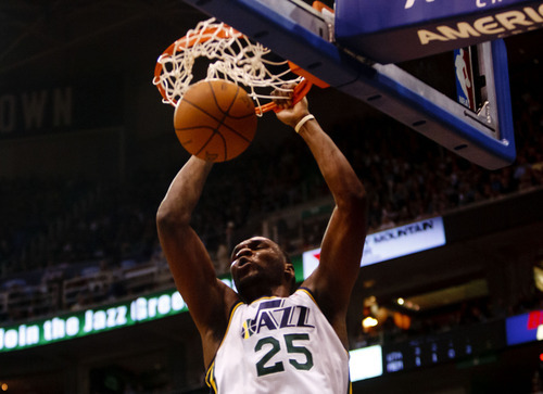 Trent Nelson  |  The Salt Lake Tribune
Utah Jazz center/forward Al Jefferson (25) throws down a dunk in the first quarter as the Utah Jazz face the Memphis Grizzlies, NBA basketball at EnergySolutions Arena in Salt Lake City, Utah, Friday, January 6, 2012.