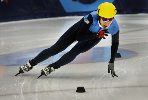 Scott Sommerdorf  |  The Salt Lake Tribune             
Lana Gehring pulls away from her competition during the finals of the Senior Ladies 1500 meters finals on the second day of the U.S. short-track speedskating championships at the Utah Olympic Oval, in Kearns, Saturday, January 7, 2012. She won the event with a time of 2:35.222. Emily Scott was second with a time of 2:35.634.