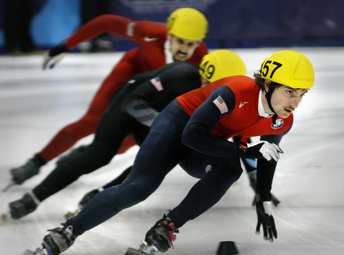 Scott Sommerdorf  |  The Salt Lake Tribune             
Michael Burdekin (457), leads a group of skaters through a turn during the men's 1500 meters semifinal heat 1 on the second day of the U.S. short-track speedskating championships at the Utah Olympic Oval, in Kearns, Saturday, January 7, 2012.