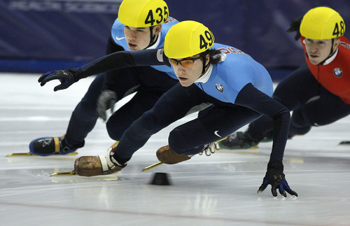 Scott Sommerdorf  |  The Salt Lake Tribune             
Adam Callister (490), skates in the finals of the Senior Men's 1500 meters on the second day of the U.S. short-track speedskating championships at the Utah Olympic Oval, in Kearns, Saturday, January 7, 2012. Cole Krueger (435), ia at left.