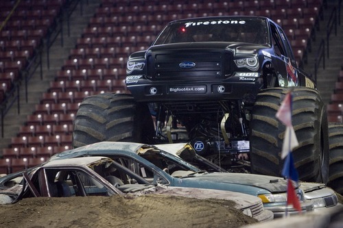 Kim Raff I The Salt Lake Tribune
Bigfoot gets ready to race another truck during the Monster Truck Winter Nationals at the Maverik Center in West Valley City, Utah on January 7, 2012.