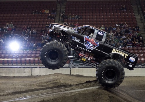 Kim Raff I The Salt Lake Tribune
Bigfoot gets some air after going over a jump during the Monster Truck Winter Nationals at the Maverik Center in West Valley City, Utah on January 7, 2012.