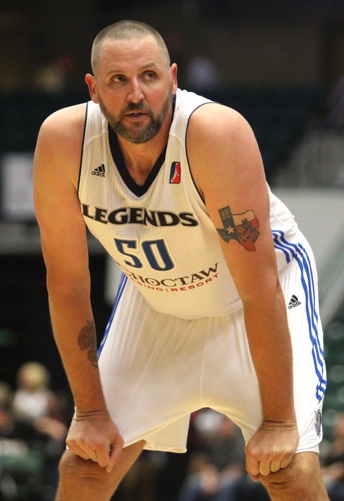 Rick Egan  | The Salt Lake Tribune 

Greg Ostertag (50) pauses during a break in the action, in NBA D League action,  Texas Legends Vs. The Rio Grande Valley Vipers, at Dr Pepper Arena in Frisco, Texas, Thursday, December 29, 2011.