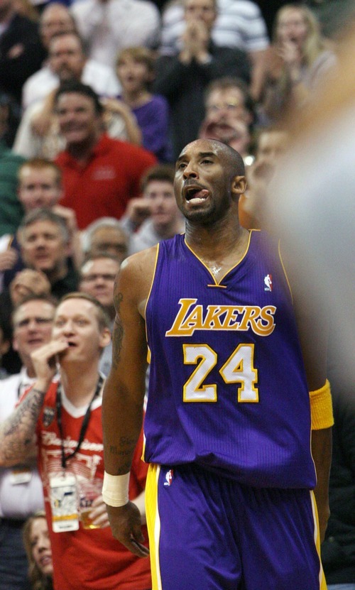 Steve Griffin  |  The Salt Lake Tribune

Kobe Bryant, of the Lakers, sticks out his tongue as he watches his shot go in the basket during second half action of the Jazz versus Lakers game at EnergySlutions Arena in Salt Lake City, Utah  Wednesday, January 11, 2012.