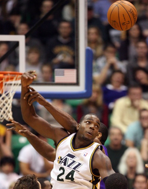 Steve Griffin  |  The Salt Lake Tribune

Utah's Paul Millsap goes for a rebound during second half action of the Jazz versus Lakers game at EnergySlutions Arena in Salt Lake City, Utah  Wednesday, January 11, 2012.