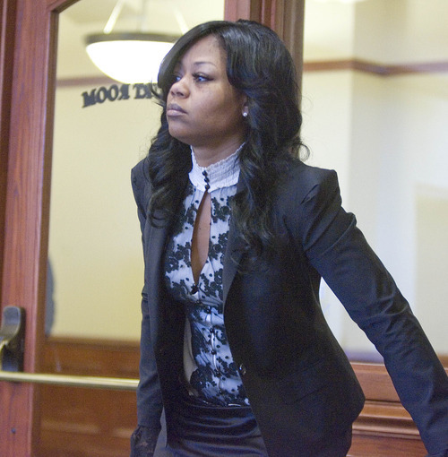 Paul Fraughton | The Salt Lake Tribune.
Shirley Lewis, who is accused of assaulting her boyfriend, Jazz center Al Jefferson at a hearing in a Holladay courtroom.
 Wednesday, January 11, 2012