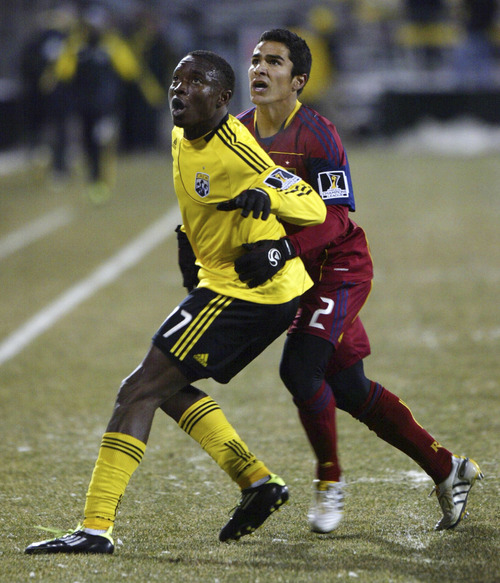 Tribune file photo

Real Salt Lake's Tony Beltran, right, battles the Columbus Crew's Emmanuel Ekpo for position during a CONCACAF Champions League game Feb. 22 at Columbus Crew Stadium. RSL snagged Beltran with the third pick in the 2008 MLS SuperDraft. This year, RSL has the 17th pick in the draft, which will air on ESPN2 at 10 a.m.