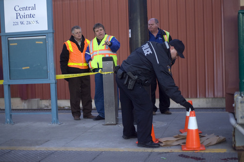 Kim Raff |The Salt Lake Tribune
South Salt Lake and UTA Police investigate an accident on the southbound red line at the UTA Trax Central Pointe Station in South Salt Lake City, Utah on January 12, 2012.