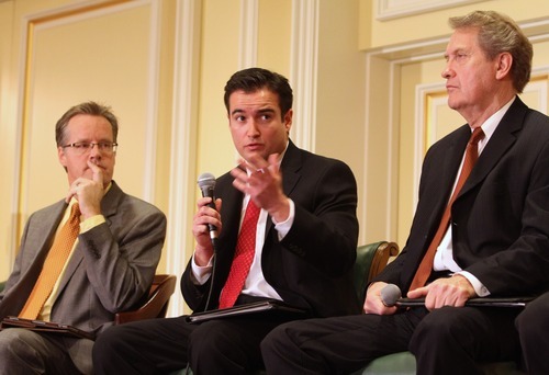 Rick Egan  | The Salt Lake Tribune 

Steve Kroes, Darin Mellot and Kelly Matthews speak during a panel discussion of the 