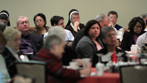 Francisco Kjolseth  |  The Salt Lake Tribune
People gather to listen and discuss a number of issues for the second day of the U.S. Conference of Catholic Bishops meetings being held in Salt Lake City.