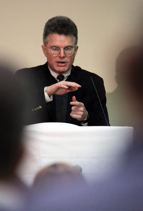 Francisco Kjolseth  |  The Salt Lake Tribune
Don Kerwin, executive director for the Center of Migration Studies, leads a discussion for the second day of the U.S. Conference of Catholic Bishops Conference being held in Salt Lake City.