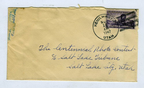 Tribune file photo

This envelope addressed to The Centennial Photo Contest is from Ruby Morgan of Kenilworth, Utah. The Centennial Photo Contest was run by The Salt Lake Tribune in 1947 and had readers send in photos shot in the state during the one hundred years since the Mormon pioneers first arrived in Salt Lake Valley.