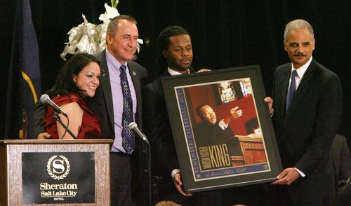 Steve Griffin  |  The Salt Lake Tribune



Utah senator Luz Robles, Utah Attorney General Mark Shurtleff, Robert Land present U.S. Attorney General Eric Holder with a plaque during the Matin Luther King Human Rights Foundation luncheon at the Sheraton Hotel in Salt Lake City, Utah  Friday, January 13, 2012.