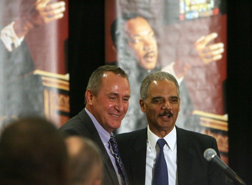 Steve Griffin  |  The Salt Lake Tribune



Utah Attorney General Mark Shurtleff, left, stands with U.S. Attorney General Eric Holder after introducing him as the keynote speaker during the Matin Luther King Human Rights Foundation luncheon at the Sheraton Hotel in Salt Lake City, Utah  Friday, January 13, 2012.