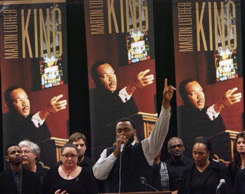 Steve Griffin  |  The Salt Lake Tribune



Members of the Salt Lake City Mass Choir sing during the Matin Luther King Human Rights Foundation luncheon at the Sheraton Hotel in Salt Lake City, Utah  Friday, January 13, 2012.