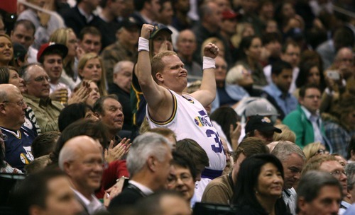 Steve Griffin  |  The Salt Lake Tribune

A Jazz fan shows his muscles during second half action of the Jazz versus Lakers game at EnergySlutions Arena in Salt Lake City, Utah  Wednesday, January 11, 2012.