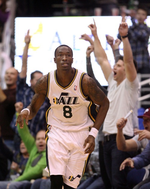 Steve Griffin  |  The Salt Lake Tribune

Utah's Josh Howard heads up court as the fans go crazy after he nailed a shot during overtime of the Jazz versus Lakers game at EnergySlutions Arena in Salt Lake City, Utah  Wednesday, January 11, 2012.