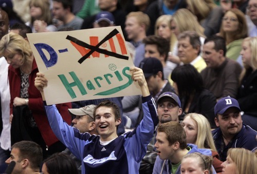 Kim Raff |The Salt Lake Tribune
A fan hold signs about former Jazz and current New Jersey Nets player Deron Williams during the second half at the Energy Solutions Arena in Salt Lake City, Utah on January 14, 2012.
